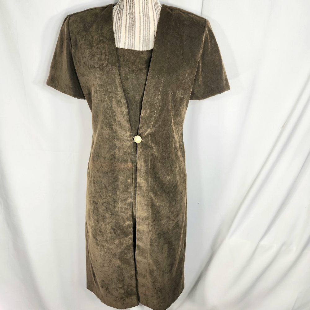 Expressions NWOT Olive Brown Microsuede Short Sleeve 2-PC Look Dress Size 6